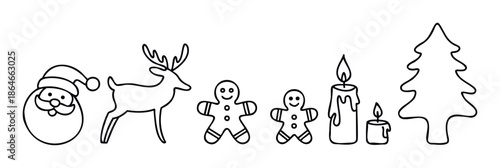 Christmas holiday line art featuring Santa Claus, a reindeer, gingerbread characters, glowing candles, and a festive fir tree, perfect for seasonal greetings and winter themed projects