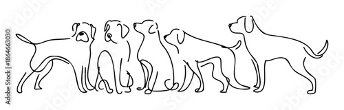 Continuous line drawing of a diverse group of loyal companion dogs standing and sitting together, perfect for pet care promotions or veterinary clinic branding