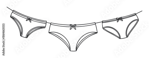 Simple line drawing featuring three feminine panties hanging on a clothesline, suitable for clothing industry graphics, womens personal care products, and intimate apparel designs