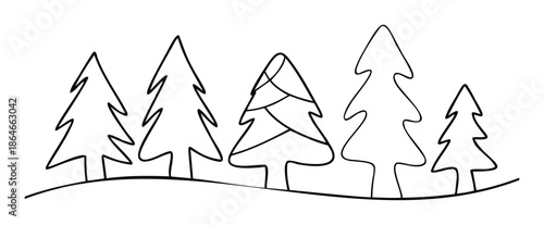 Simple black outline drawing of five stylized evergreen trees standing on a gentle wavy ground line, suitable for holiday decorations, seasonal graphic elements, and childrens activity
