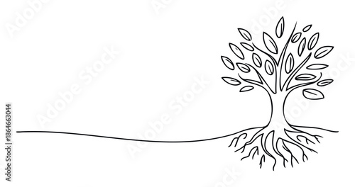 Minimalist continuous line drawing depicting a tree with strong roots and a flowing ground line, perfect for symbolizing connection, growth, and nature in various ecological or sustainable