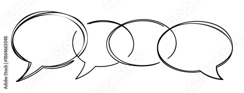 Hand drawn black and white speech bubbles depicting dynamic group conversation, social communication, and interactive discussion for messaging apps or website user interfaces