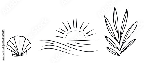Explore a collection of simple black outline drawings featuring a charming seashell, a radiant sun rising above calm ocean waves, and a graceful tropical palm leaf, perfect for summer