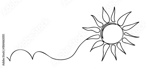 Continuous one line drawing of a simple stylized sun with radiating rays connected by a flowing wavy path suitable for logo creation, brand identity, marketing campaigns, or educational