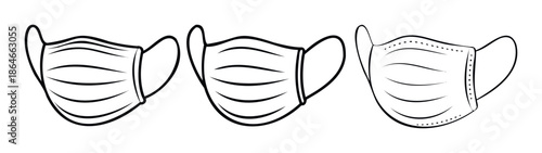 Black and white outline drawings of medical face masks offering essential protection against viruses and germs, suitable for public health awareness campaigns and safety graphics