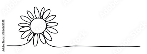 Single continuous line black drawing featuring a graceful daisy or sunflower flower with its connecting flowing stem, excellent for modern corporate identity, greeting templates, or refined