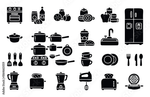 Comprehensive collection of modern kitchen appliances, diverse cookware, essential utensils, and common food items for culinary projects and household graphic resources.