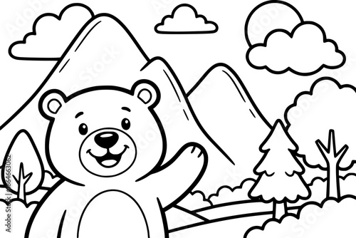 A simple mountain landscape with clouds and a smiling cartoon bear. Kids coloring book with simple line art to support creativity, motor skills, and early childhood learning.