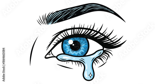 A vivid hand-drawn pop art style illustration of a blue human eye shedding a tear, conveying deep emotional distress and profound sadness,