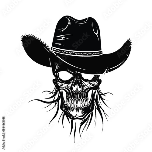 A black and white illustration of a skull wearing a cowboy hat with a menacing expression and long hair strands