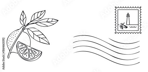 Outline drawing of fresh lemons on a leafy branch and a stylized postage stamp depicting a lighthouse with a shrimp, accented by wavy postmark lines for travel or foodrelated graphics.