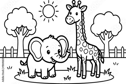 A friendly zoo scene with grass and a cute cartoon elephant and giraffe. Kids coloring book with simple line art to support creativity, motor skills, and early childhood learning.