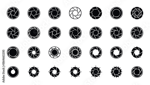 Essential camera aperture and shutter icon set for photographers, graphic designers, and developers needing clear optical symbols for digital products.