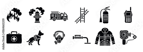Firefighting and emergency service equipment icons for safety presentations, educational materials, public awareness campaigns, and professional safety training programs.