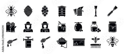 A comprehensive collection of beekeeping icons showcasing honey production tools, buzzing bees, traditional hives, and sweet products ideal for agricultural branding and natural food
