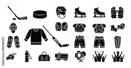 A comprehensive collection of black silhouette ice hockey equipment and essential gear icons for sports marketing, game promotions, or informational graphics