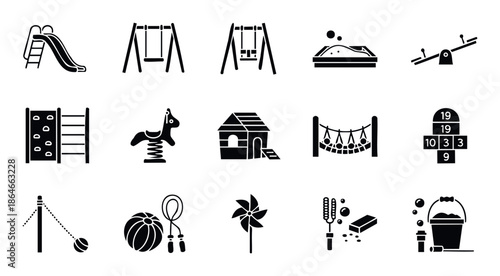 Collection of black and white playground equipment icons featuring slides, swings, sandbox, seesaw, climbing structures, playhouses, and various outdoor toys, perfect for children activity