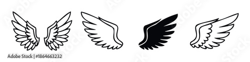 A collection of diverse stylized wing icons for creative projects, representing freedom, ascension, and spiritual journeys in modern graphic branding and decorative applications.