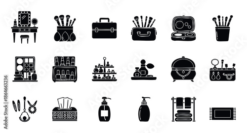 Comprehensive set of black and white glyph icons representing essential beauty products, makeup tools, personal care items, and bathroom accessories perfect for web interfaces or graphic
