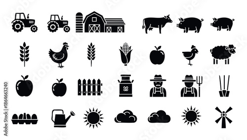 Collection of farm and agriculture themed glyph icons featuring tractors, livestock, crops, and farmers, perfect for app interfaces, infographics, educational materials, and web graphics