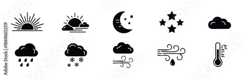 A comprehensive collection of minimalist black silhouette weather and time forecast icons, featuring sunny, cloudy, rainy, snowy, windy conditions, moon, stars, and temperature, ideal for