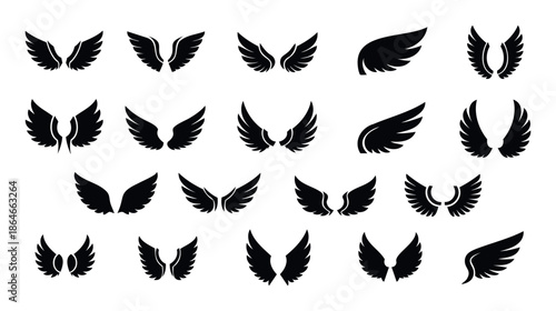 Variety of elegant black wing graphic symbols useful for creating distinguished logos, emblems, or decorative elements in spiritual, aspirational, or brand identity designs.