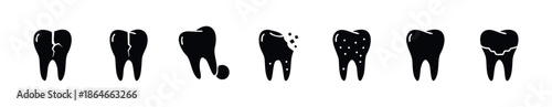 Dental health and disease vector glyph icons depicting various tooth conditions from healthy to broken, chipped, decayed, and filled for medical and educational purposes
