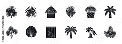 Collection of tropical palm tree leaves, native thatched roof huts, and coconut trees in a versatile silhouette format for summer holiday promotions and travel industry branding.