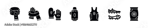 Seasonal essentials glyph set featuring winter clothing, sports equipment, insulated containers, and cold packs, perfect for depicting outdoor activities and athletic endeavors