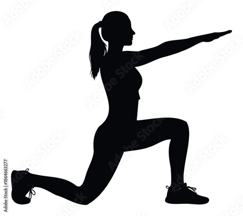 Dynamic silhouette of a woman engaged in a deep lunge exercise, ideal for illustrating active lifestyles, physical training routines, and health and wellness promotional materials.