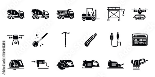 Construction and building industry equipment collection featuring essential vehicles, machinery, and power tools for various infrastructure projects and development activities