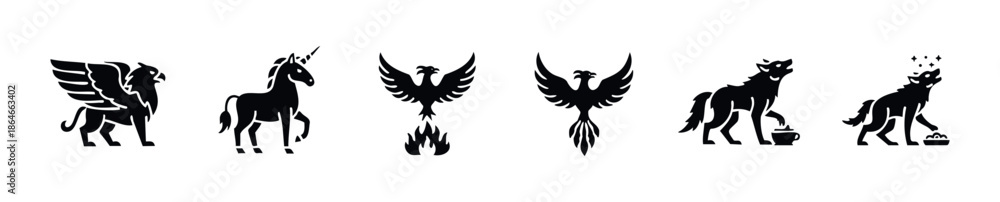 Obraz premium Mythical animals and wild nature symbols depicted as strong graphic icons suitable for brand identity, logos, apparel, or educational material