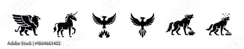 Mythical animals and wild nature symbols depicted as strong graphic icons suitable for brand identity, logos, apparel, or educational material