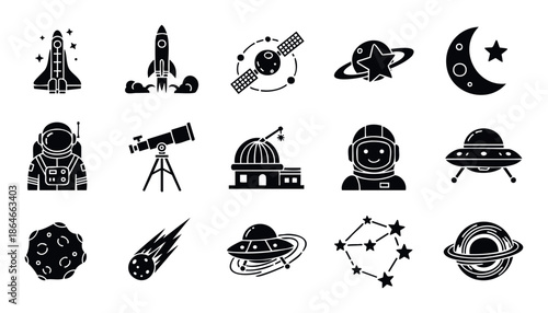 Collection of flat black space and astronomy related icons depicting rockets, planets, astronauts, and celestial objects, ideal for educational resources, web graphics, and mobile