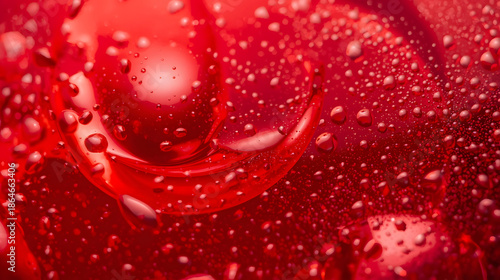 Liquid Crimson: A macro perspective unveils a mesmerizing display of droplets on a vibrant red surface, with curves and textures that engage the senses.