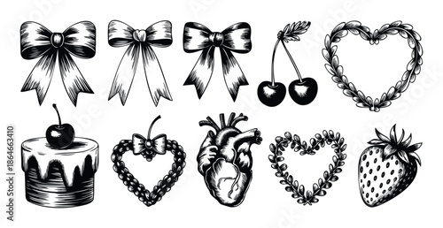 Vintage black and white graphic elements featuring decorative bows, hearts, cherries, cakes, and fruits perfect for romantic themes, wedding invitations, or classic rustic designs