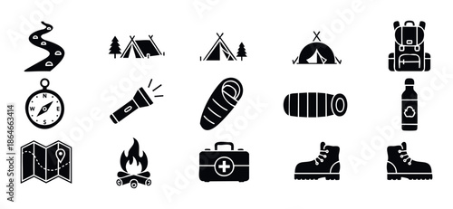 Comprehensive collection of essential camping and hiking icons representing outdoor adventure gear and navigation tools for travel activities applications