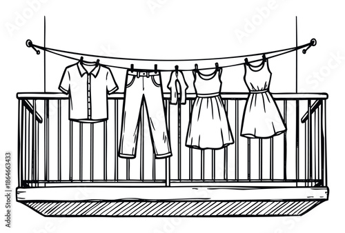 Stylized black and white sketch featuring everyday garments drying on a clothesline attached to a balcony, suitable for themes of domesticity, sustainability, or simple living.