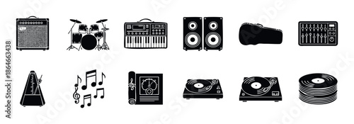 Extensive collection of musical instruments and audio equipment icons including drums, keyboards, amplifiers, and turntables, ideal for design projects requiring musicthemed visuals