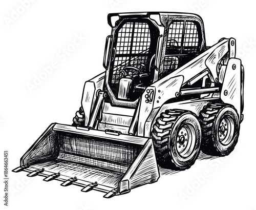 Sketch style heavy duty skid steer loader work vehicle used in construction and industrial projects, ideal for engineering publications and equipment advertisements