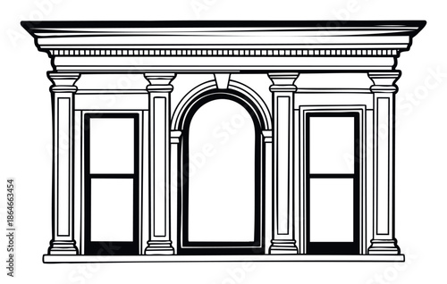 Ornate classical building facade featuring a grand cornice, decorative columns, traditional window frames, and a prominent arched entryway for period architecture and exterior elevation