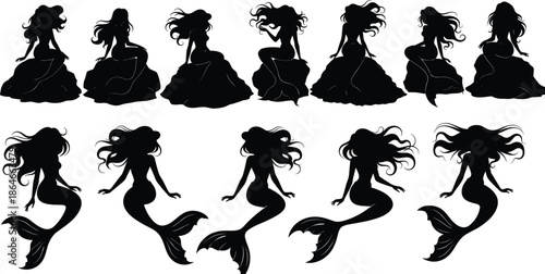 Mermaid silhouette collection illustration, fantasy sea siren poses flowing hair aquatic mythology character design