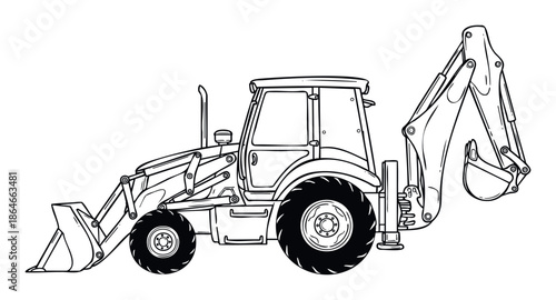 Black outline drawing of a backhoe loader with front bucket and rear excavator arm, ideal for construction project visuals, educational materials, or engineering diagrams.