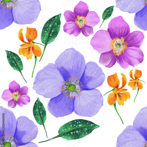 Seamless floral pattern with realistic handmade flowers