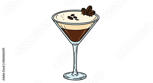 Stylized illustration of a sophisticated coffee cocktail served in an elegant martini glass with creamy foam and aromatic roasted beans for a