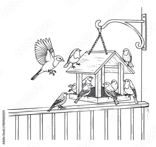 A group of small wild birds gathering around a wooden bird feeder filled with seeds, placed on a balcony railing, with one bird gracefully flying in for food, perfect for nature
