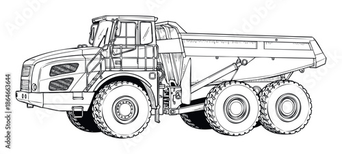 A detailed black and white line drawing of a large articulated dump truck, heavy construction vehicle, and earthmoving equipment for industrial, civil engineering, or transportation related