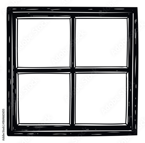 Hand drawn black and white window frame with four rectangular glass panes provides a simple graphic for architectural or home improvement projects