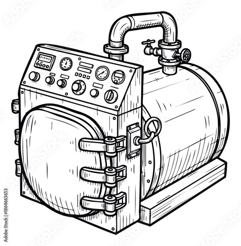 Detailed technical drawing of an industrial autoclave or sterilization chamber with a control panel, gauges, and pressure valve, ideal for scientific research, manufacturing diagrams, or