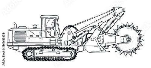 Heavy duty trenching machine with large rotating cutter wheel on tracks for excavation work, ideal for construction industry advertising and educational materials